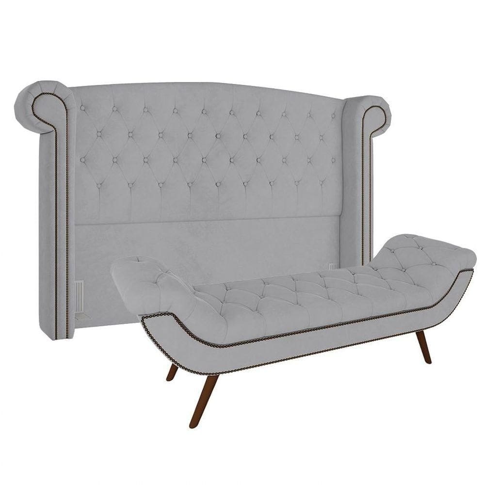 Cabeceira Cama Box Casal Queen 160cm Provença Com Calçadeira Vêneto P02 Veludo Cinza