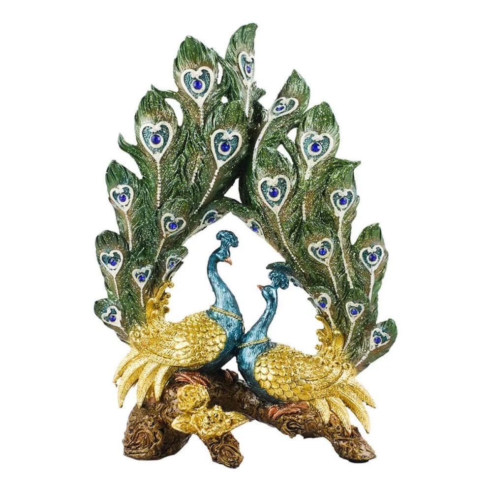 Casal Pavão Asas Douradas No Galho 33.5cm - Resina Animais