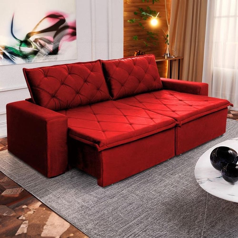 Sofá Cama Bangkok Sem Caixa 2,10m Retrátil e Reclinável Com Molas Velut Vermelho - King House