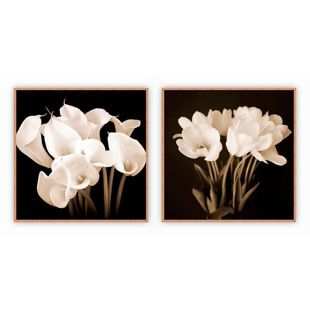 Kit Com 2 Quadros Decorativos Florais Com Moldura Para Sala Quarto Escritório 32x32 Floral 012