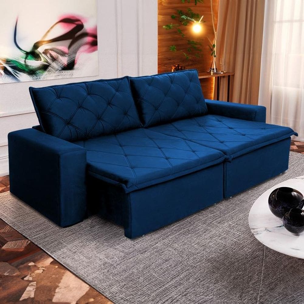 Sofá Cama Bangkok Sem Caixa 2,10m Retrátil e Reclinável Com Molas Velut Azul - King House