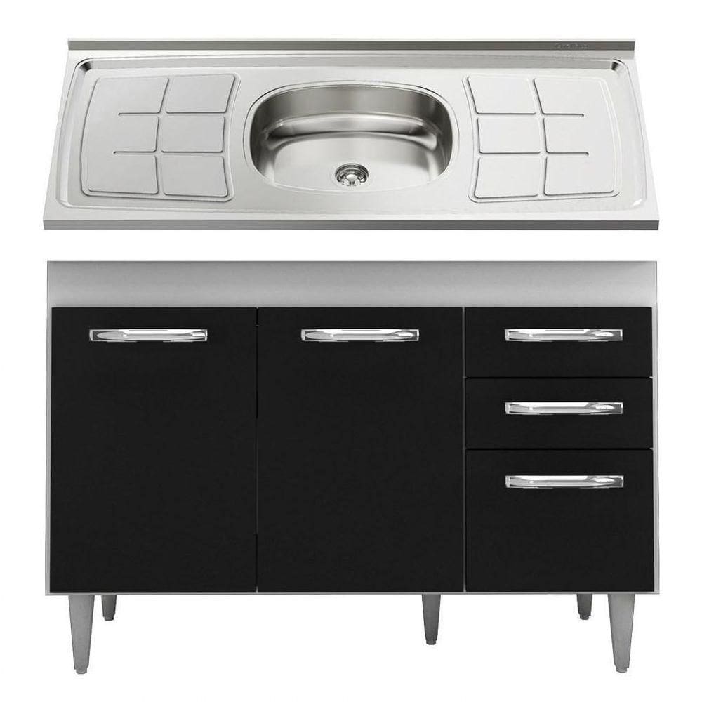 Balcão Gabinete Suécia Com Pia Inox 120cm 3 Portas Branco/preto