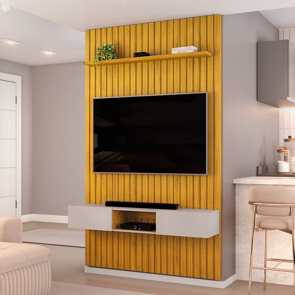 Painel para TV até 60 Polegadas com Bancada Suspensa 02 Portas Trento 1.4 Cedro Ripado Bali DJ Móveis