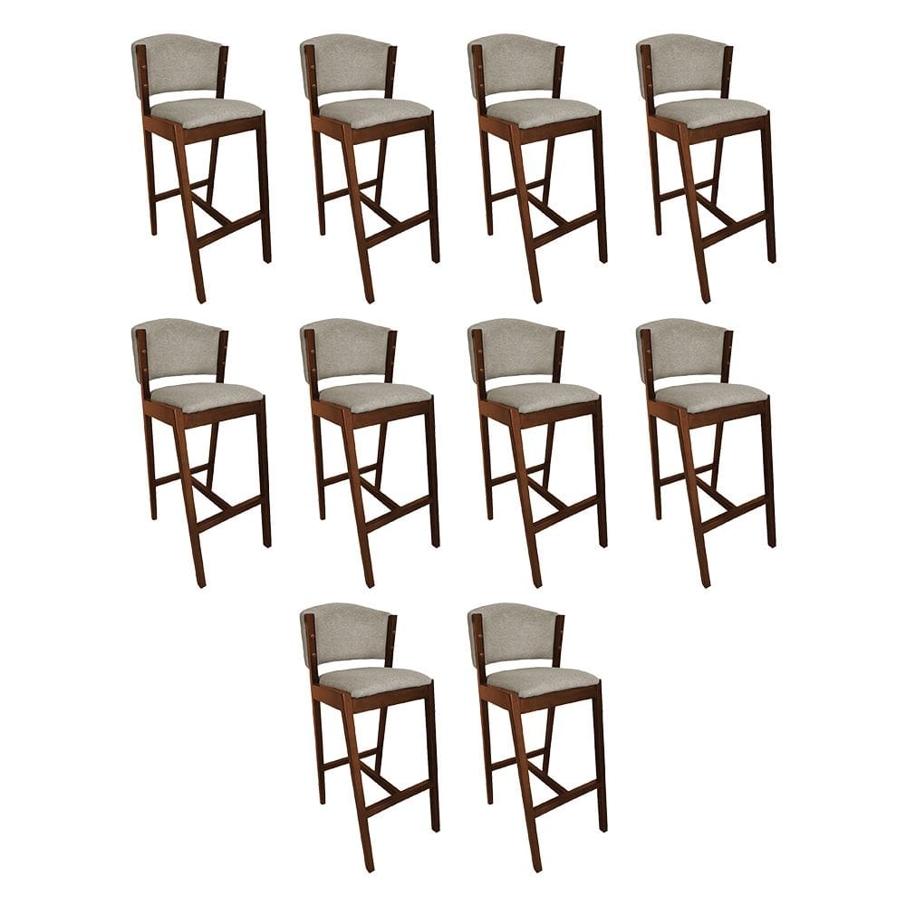 Kit 10 Banquetas Alta De Madeira Maciça Natural Premium Ana Com Encosto Linho Bege