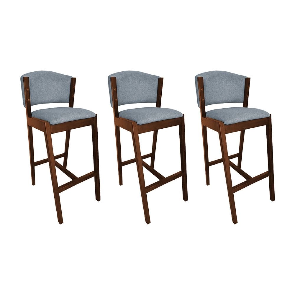 Kit 3 Banquetas Alta De Madeira Maciça Natural Premium Ana Com Encosto Linho Cinza