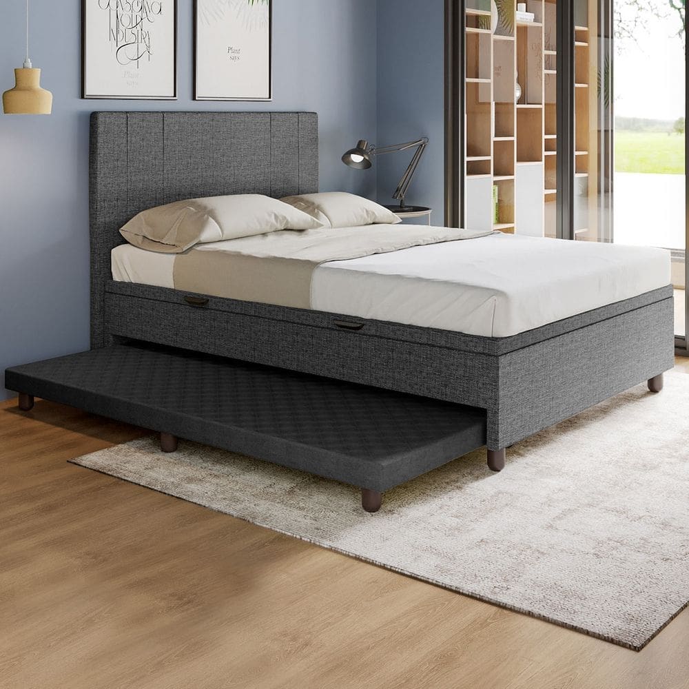 Base Cama Baú Casal com Cama Auxiliar c/colchão conjugado Linho SkyBox