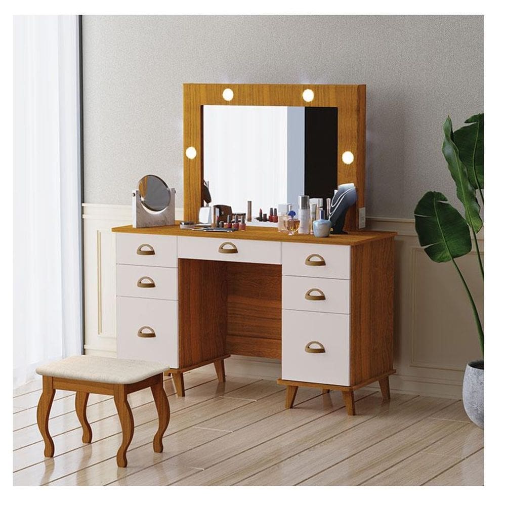 Penteadeira Camarim New Seul com Banqueta Almofadada Ambiente Freijó Maní - Luapa