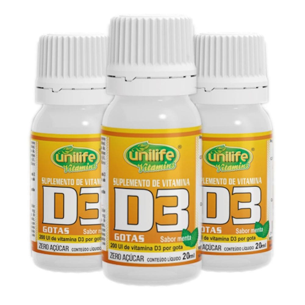 Vitamina D3 em Gotas Sabor Menta 20ml Kit com 3