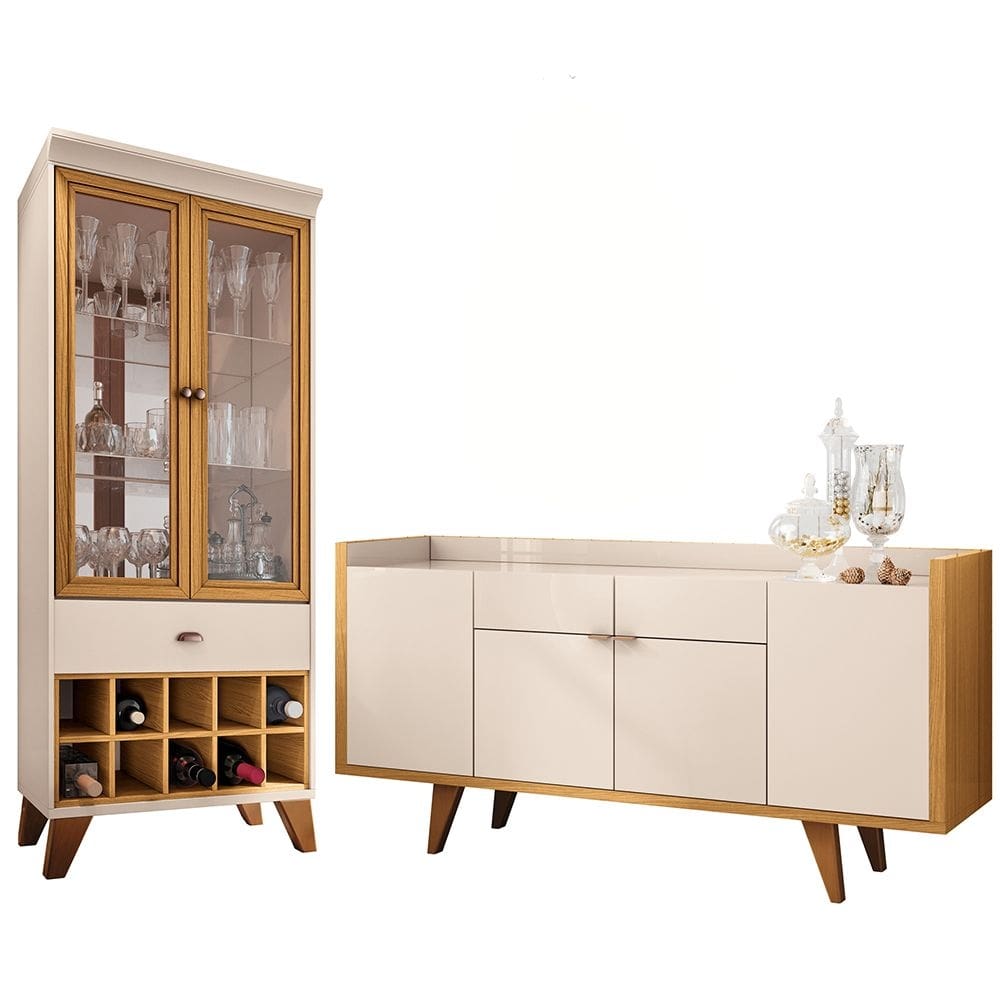 Kit Aparador Buffet 160 cm com Cristaleira para Sala de Estar Edenia H01 Nature - Off White Clique Chique