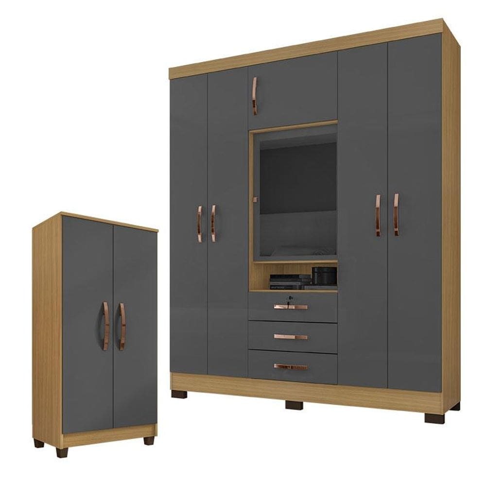 Guarda Roupa Casal Imperial com Armário Multiuso Recife Carvalho Americano Grafite - Incorplac