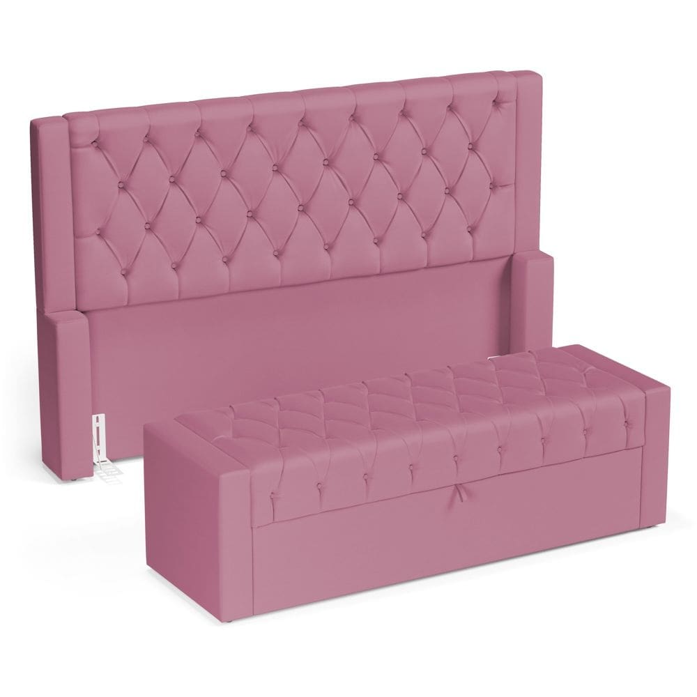 Cabeceira e Calçadeira Báu Casal Padrão Atena 140cm Capitonê Suede Rosa - Desk Design