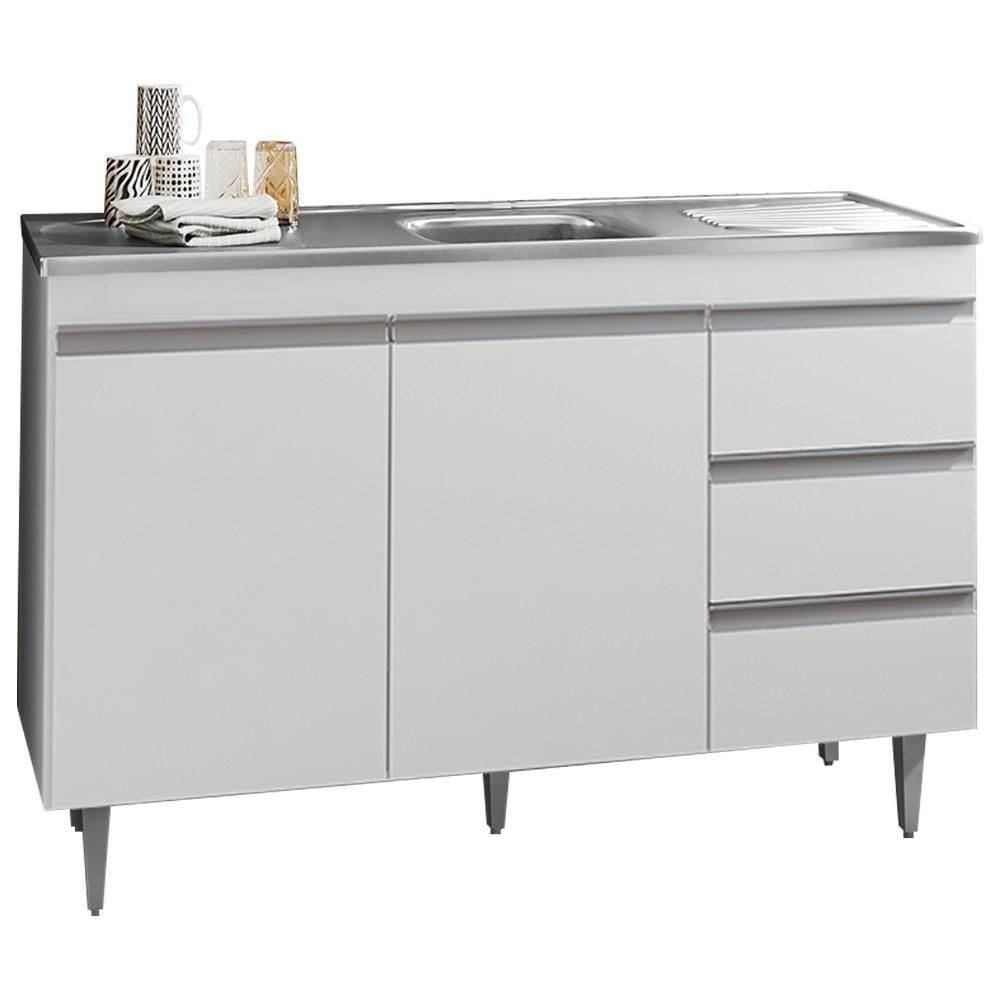 Balcão Com Pia Inox 120Cm 2 Portas 3 Gavetas Andréia Branco