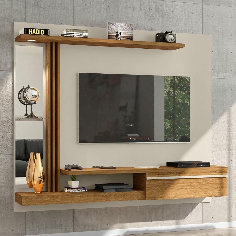 Painel Para Tv Com Led E Espelho Heroe Off White Cinamomo