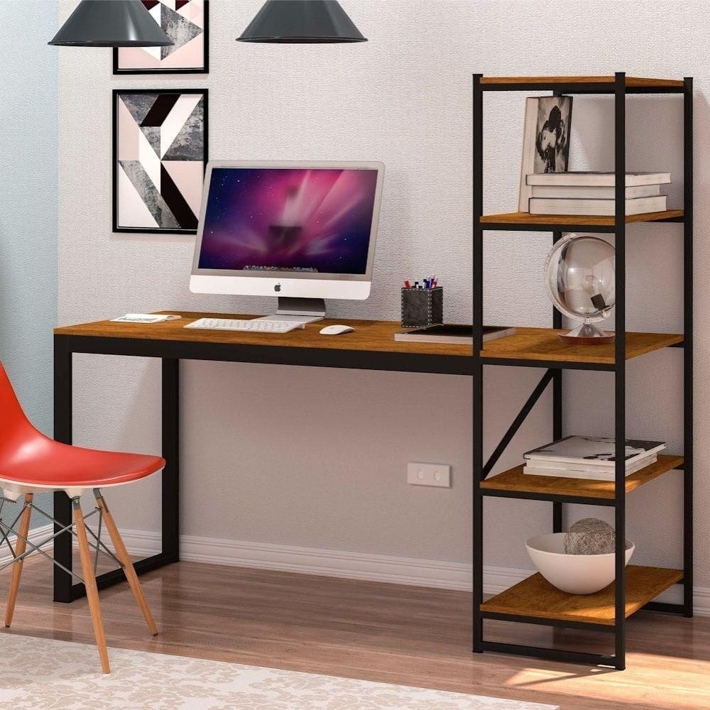 Home Para Escritório Com Estante Felix Preto Canela Rustico