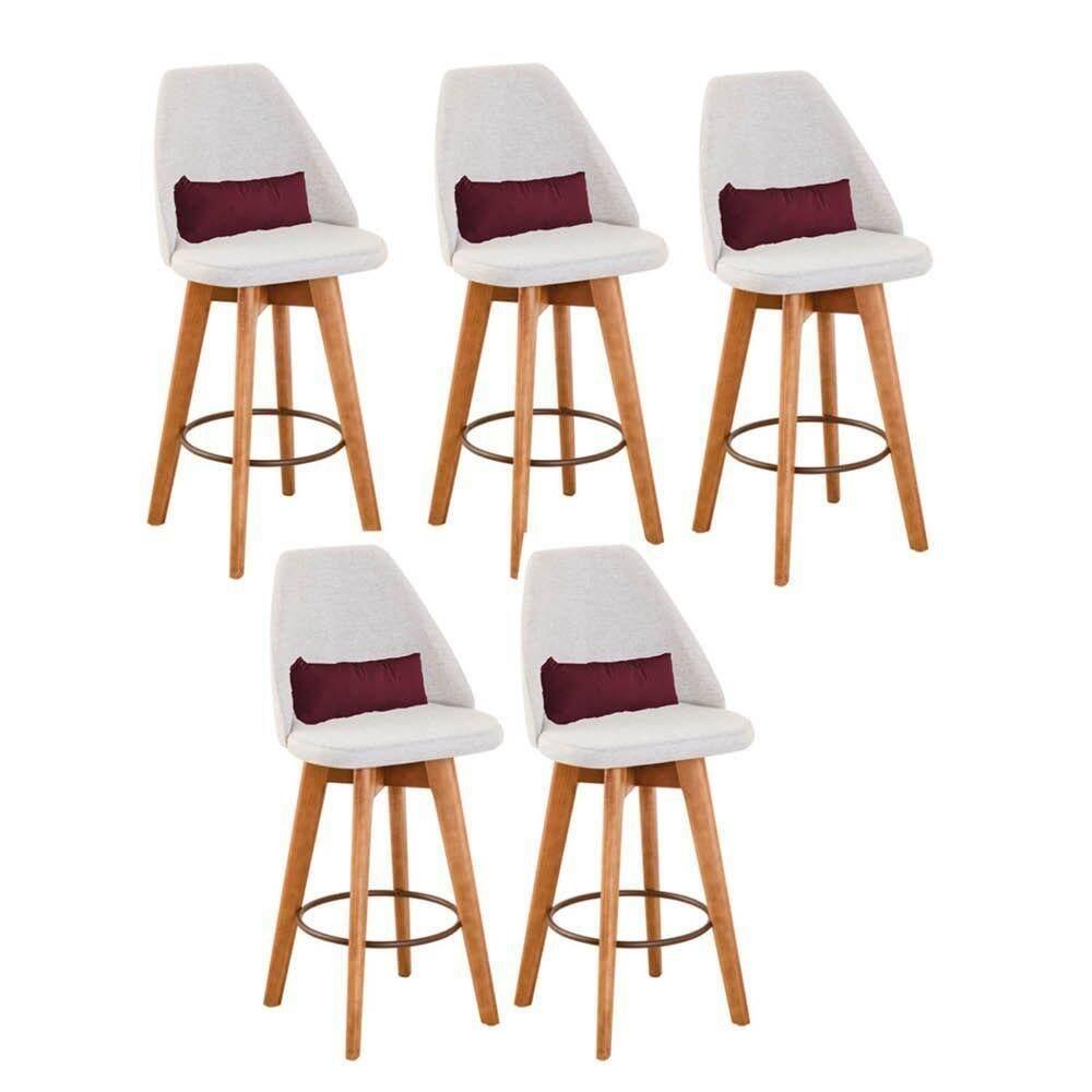 Kit 05 Banquetas Linho Bege E Almofada Suede Bordô