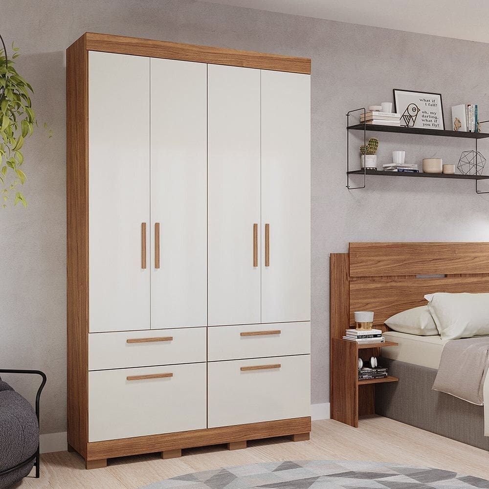 Guarda-roupa Casal 4 Portas de Bater 1 Basculante 3 Gavetas Mdf Coimbra Espresso Móveis Cinamomo/Off White
