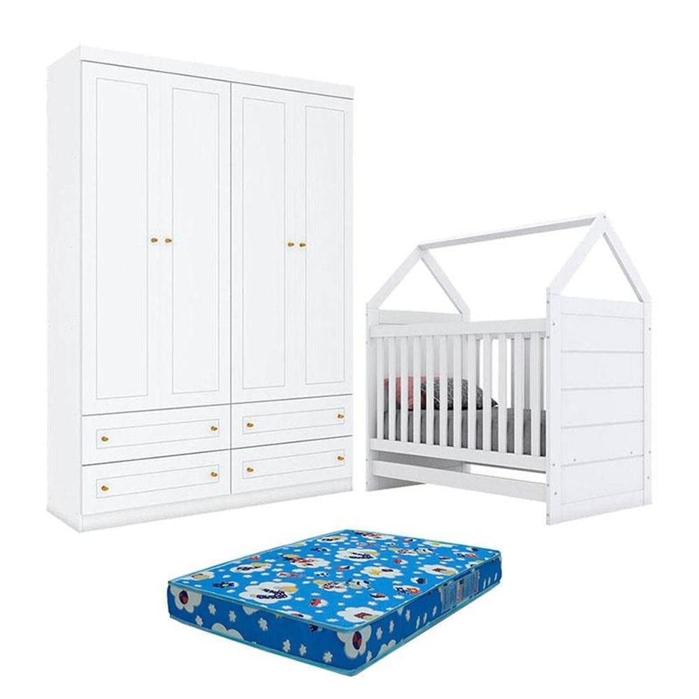 Berço Montessoriano e Guarda Roupa Infantil Americano 4 Portas Branco com Colchão Ortobom - Henn