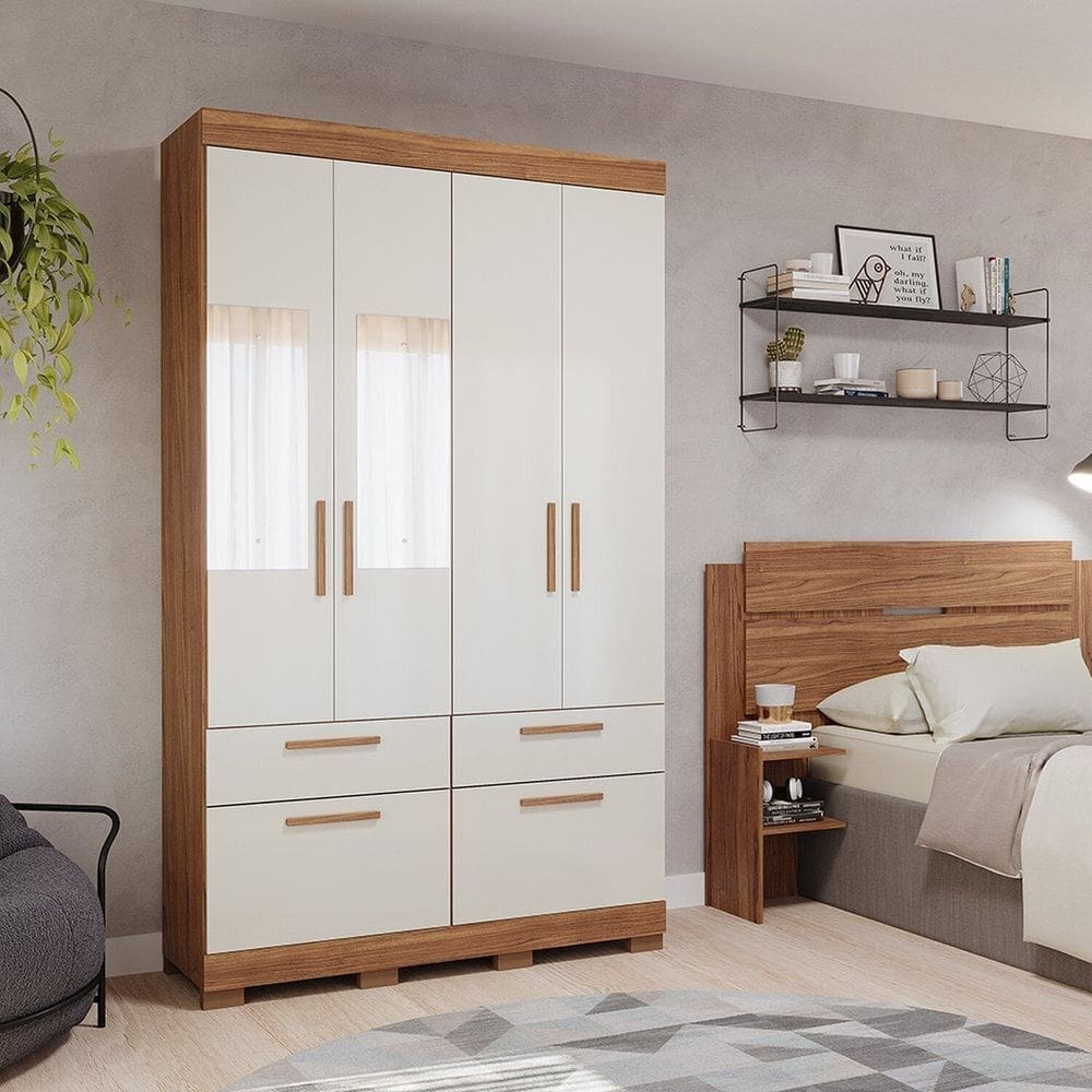 Guarda-roupa Casal com Espelho 4 Portas de Bater 1 Basculante 3 Gavetas Mdf Coimbra Espresso Móveis Cinamomo/Off White