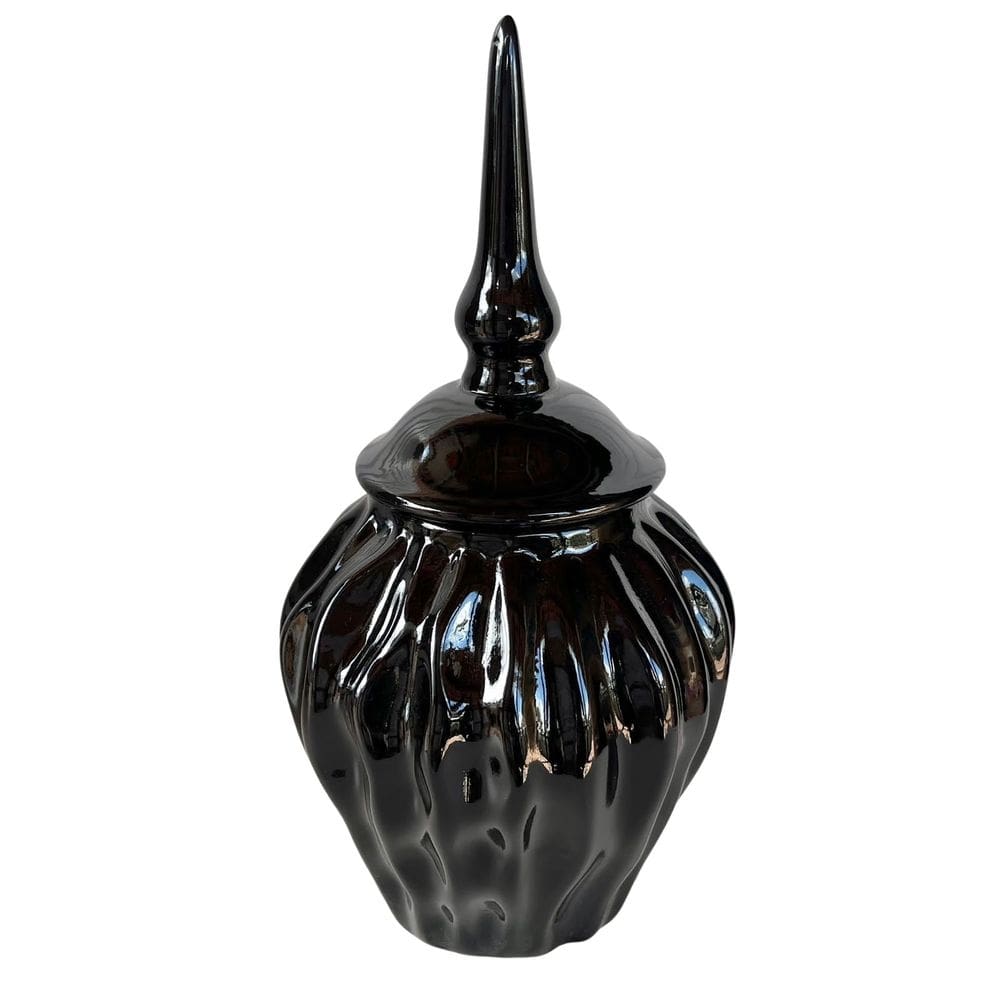 Potiche cerâmico com tampa trabalhado ondulação na cor preta