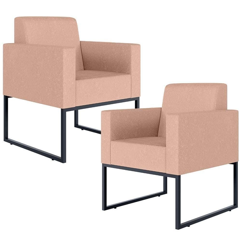 Kit 02 Poltronas Base Fixa De Metal Helô L02 Linho Rosê