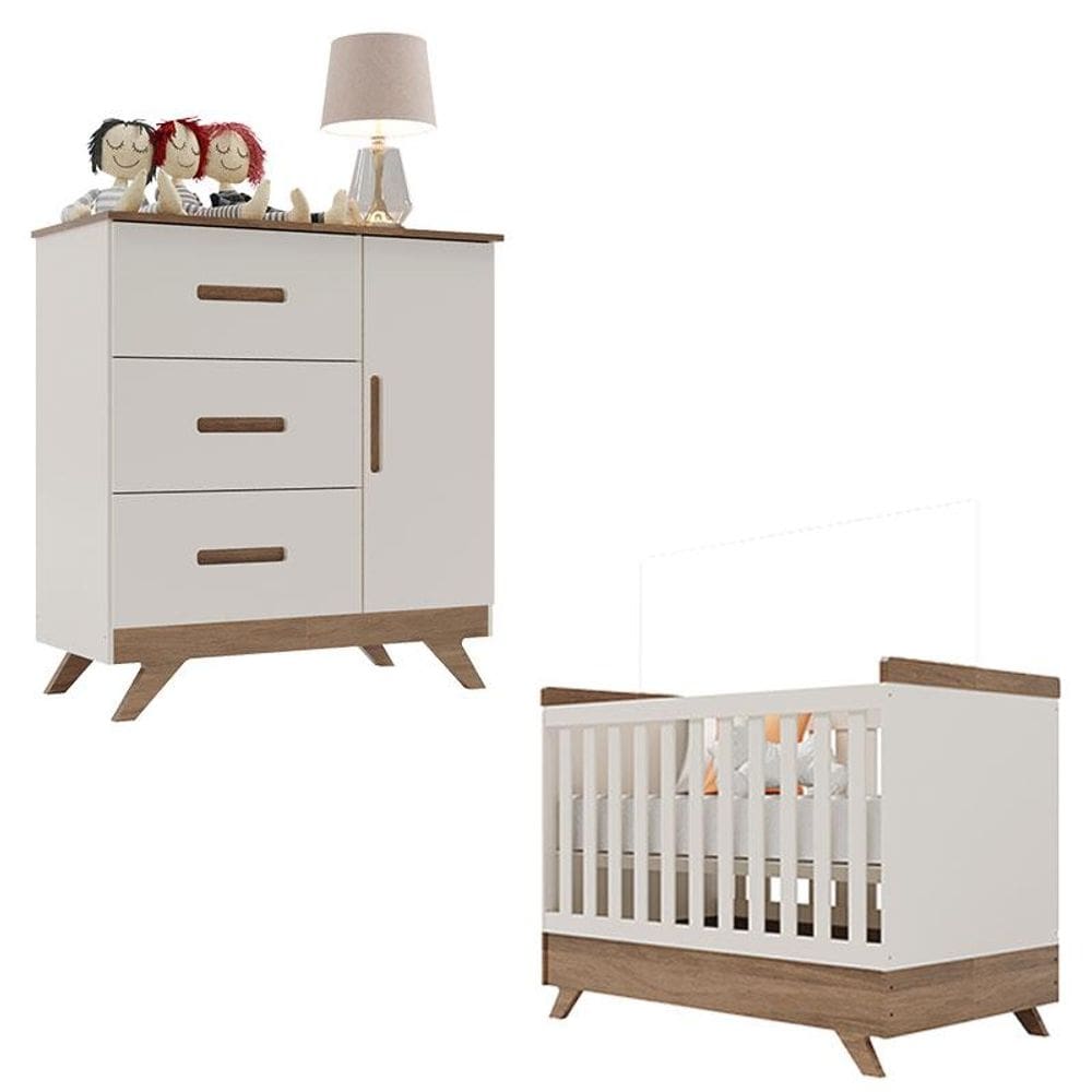 Berço Americano Vitória e Cômoda Infantil Retro Maya Off White Carvalho – Canaã