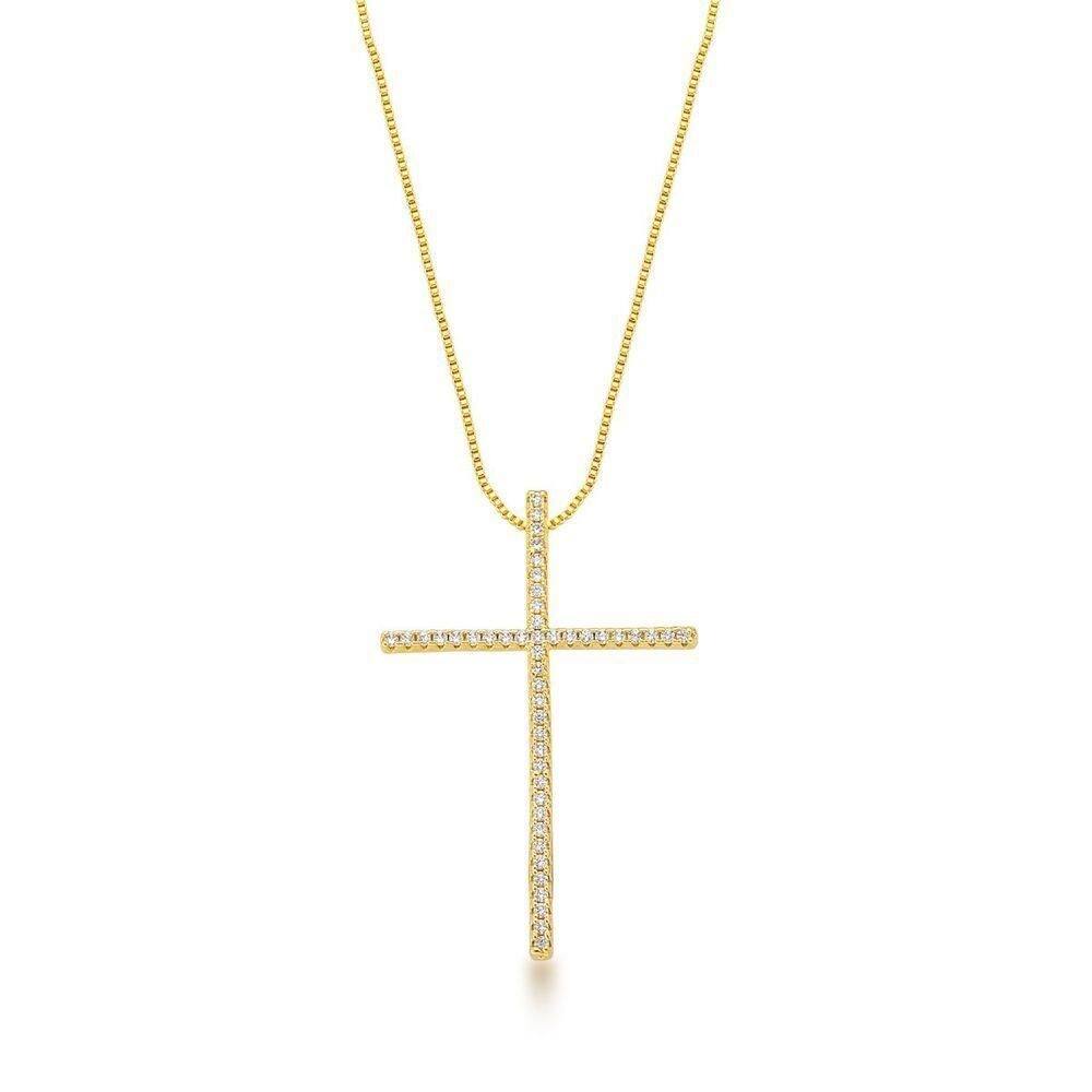 Colar Com Crucifixo Cravejado Banhado A Ouro 18k - 45cm