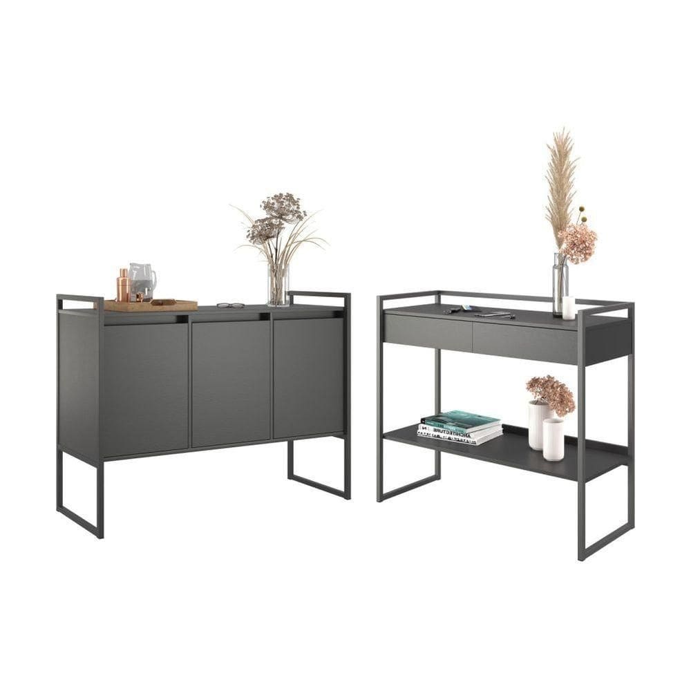 Conjunto Buffet E Aparador Industrial Preto Onix