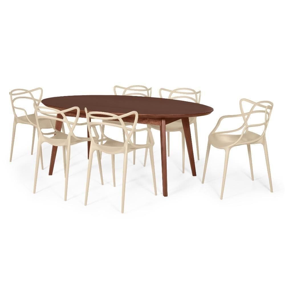 Conjunto Mesa De Jantar Oval Vértice Nozes 190Cm Com 6 Cadeiras Allegra - Nude