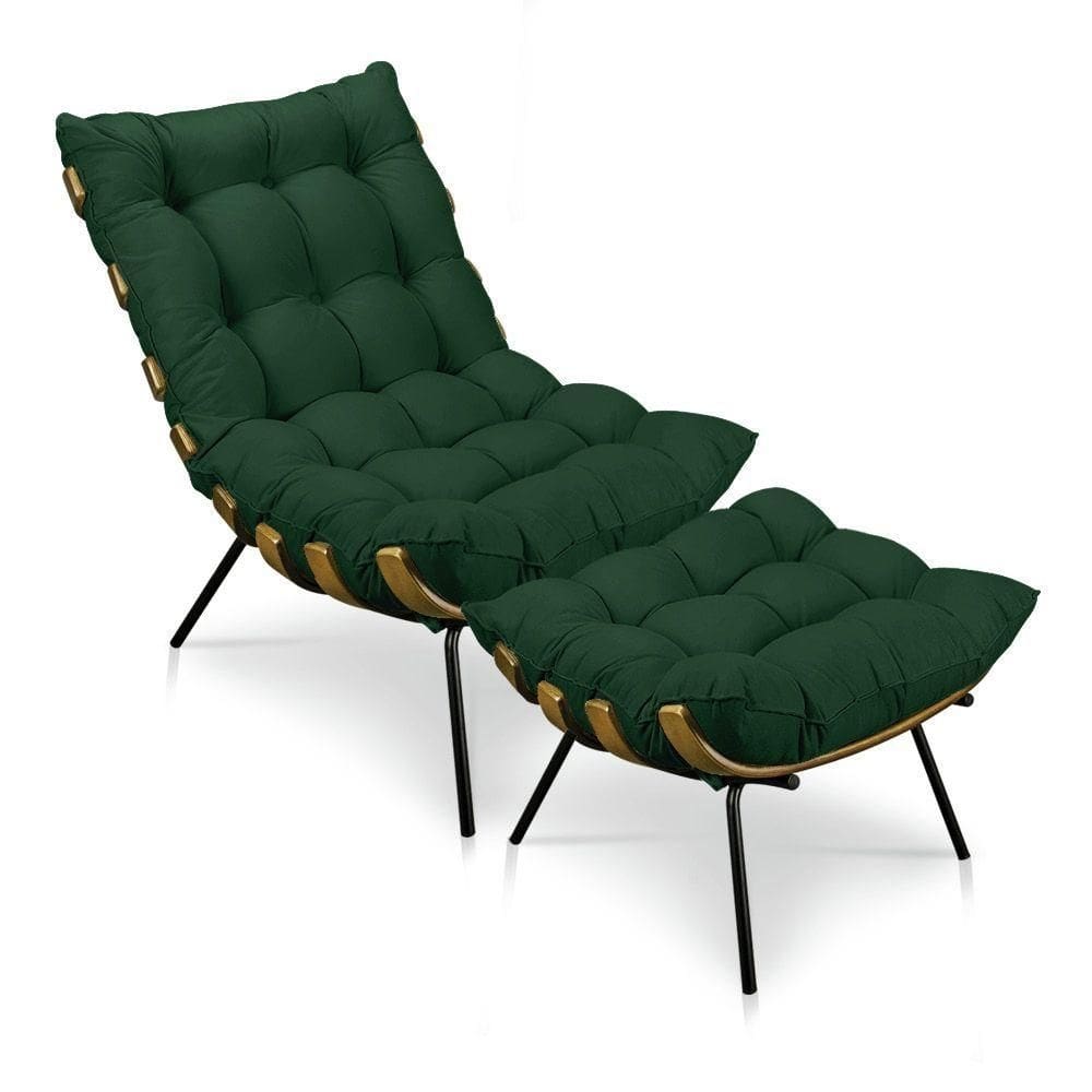 Kit Poltrona Costela Com Puff Para Sala Suede Verde
