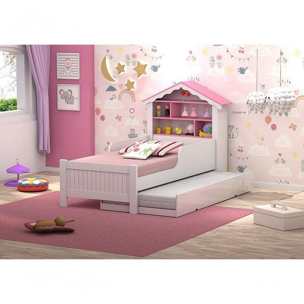 Cama Casinha De Boneca C/Cama Auxiliar Nichos Rosa