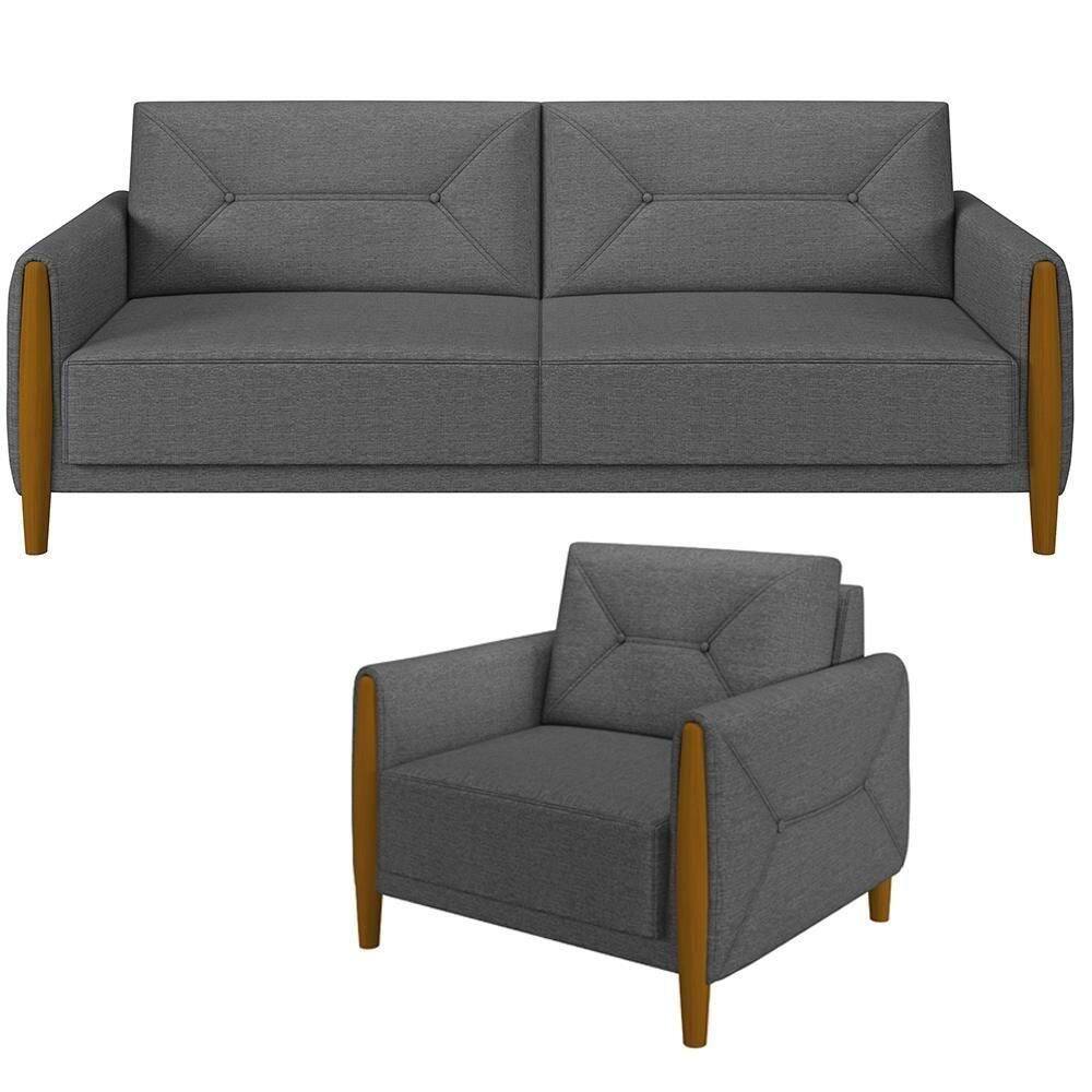 Kit Sofá 3 Lugares 220Cm Com Poltrona Berilo M03 Chumbo