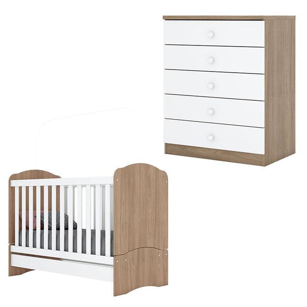 Berço Nacional e Cômoda Infantil Bala de Menta Rústico Branco - Henn
