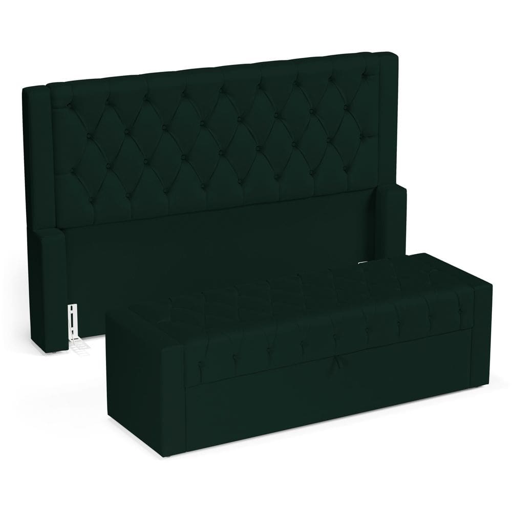 Cabeceira e Calçadeira Báu Casal Padrão Atena 140cm Capitonê Veludo Verde Escuro - Desk Design