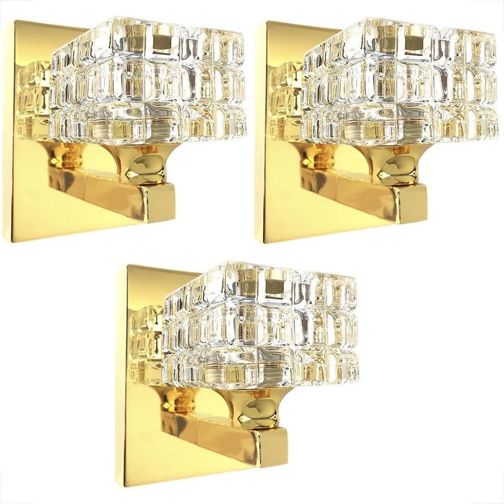 Kit 3 Arandela Dourada Cristal K9 Quadrado Lavabo Bet39