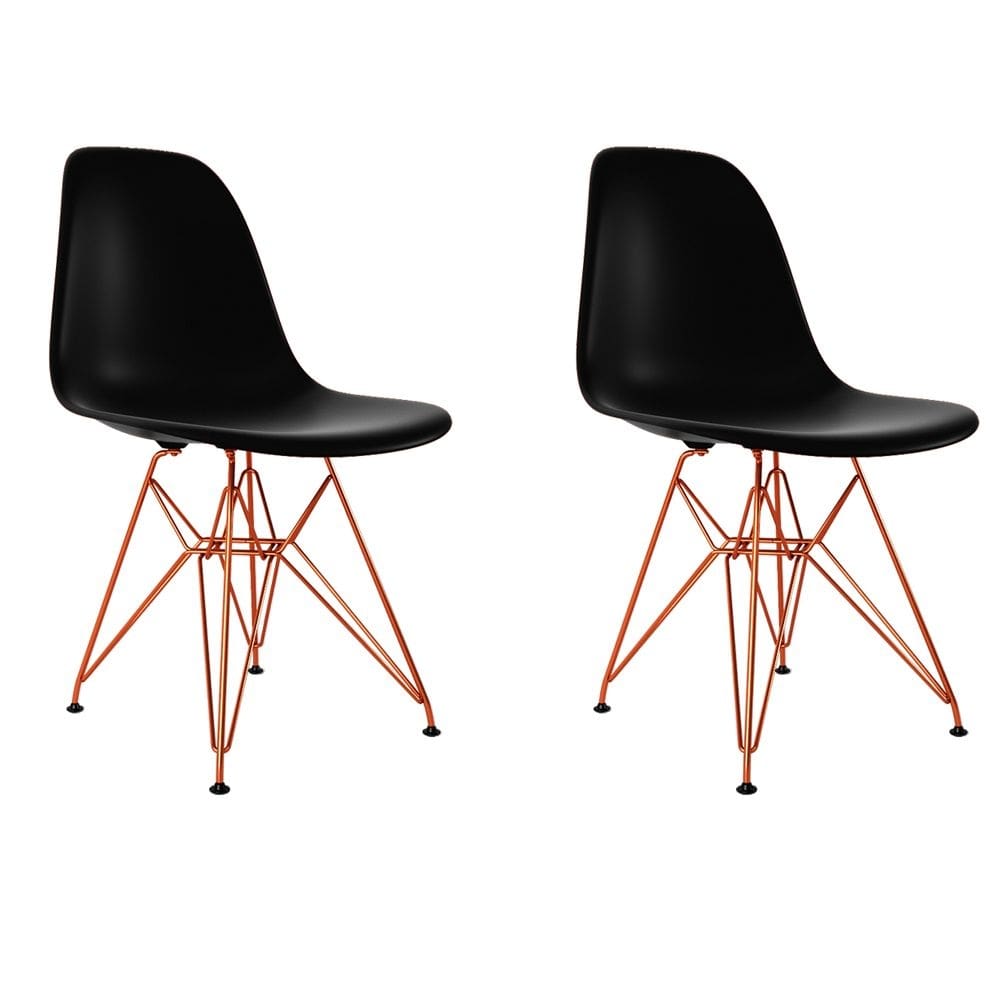 Kit 2 Cadeiras Jantar Assento Preto Eiffel Eames Base Ferro Cobre