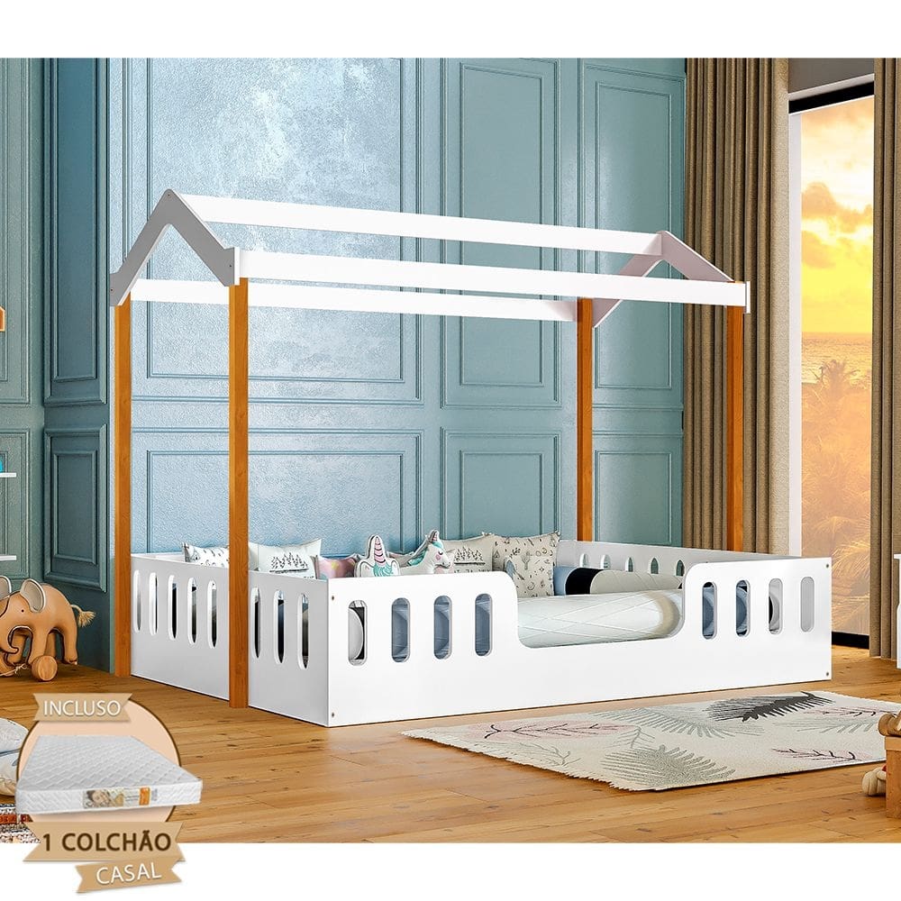 Cama Infantil com Colchão D28 Casal Ágatha Branca/amêndoa com Escorregador e Voal Branco - Divaloto