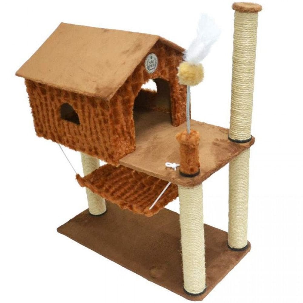 Arranhador Brinquedo Casa para Gatos dois andares com rede de pelúcia House Playground para gatos São Pet