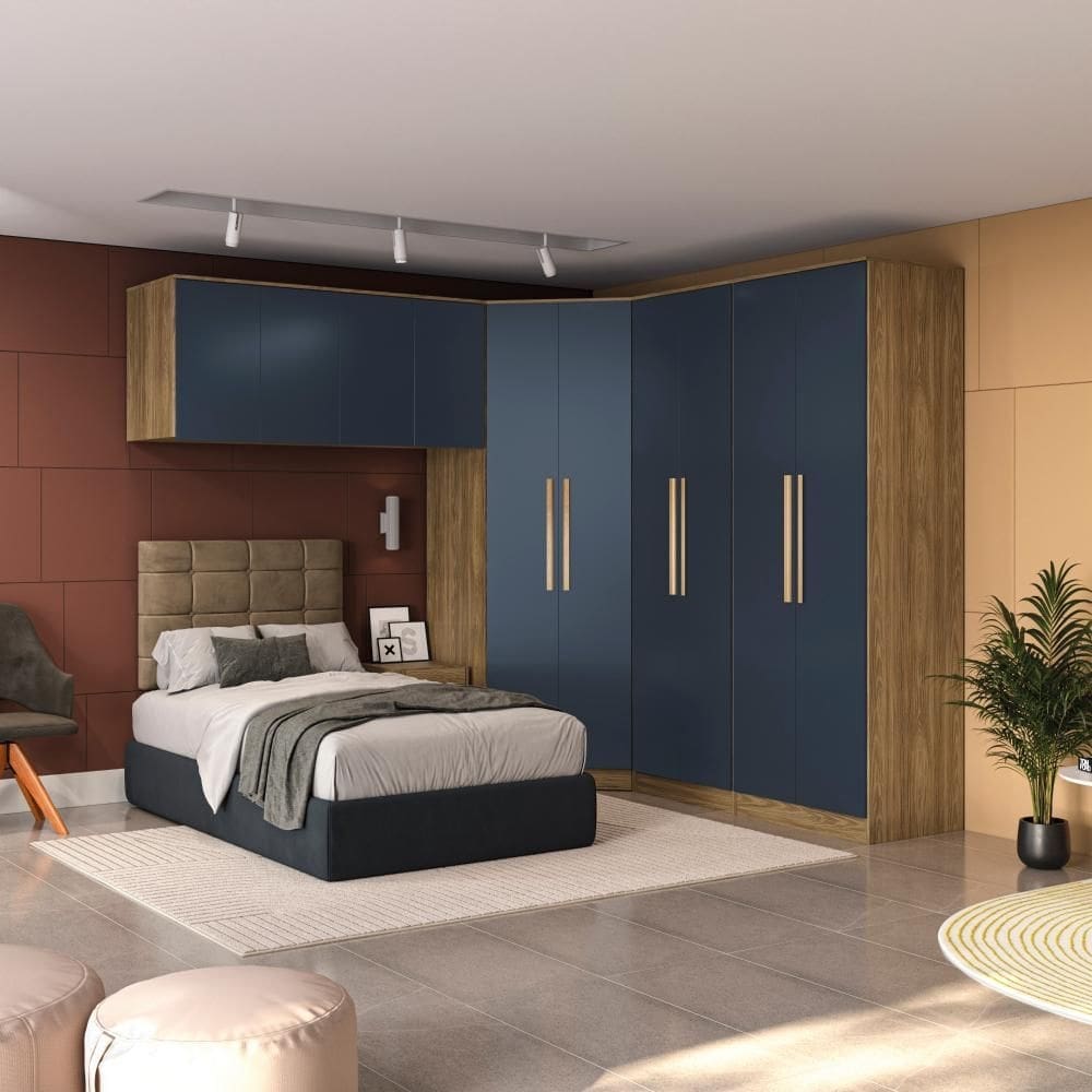 Quarto Modular Kappesberg Adapt Nogueira/Azul Profundo 6 Peças 260cm x 256cm