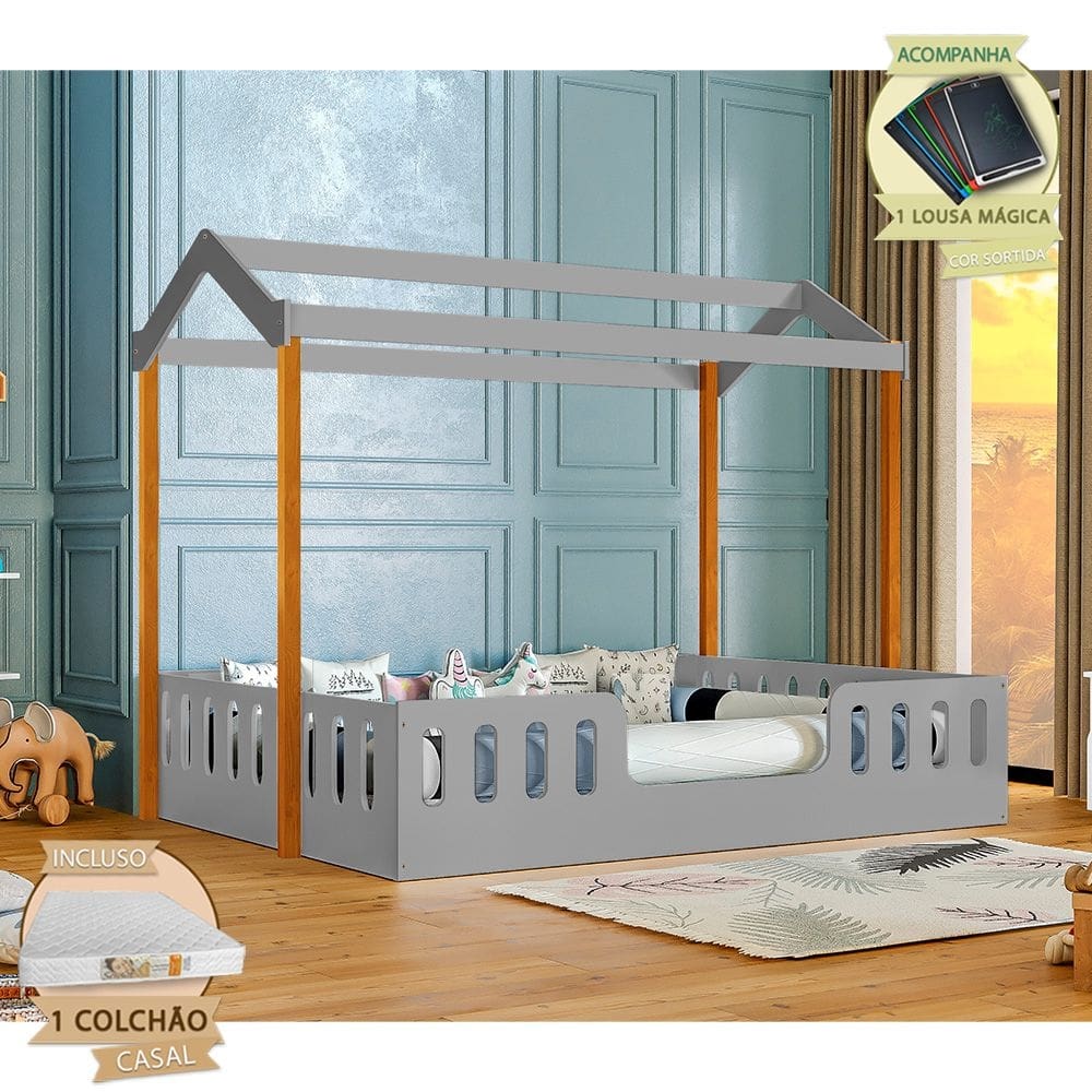 Cama Casal com Colchão D28 Casinha Montessoriana Ágatha Cinza/amêndoa Incluso Lousa Mágica