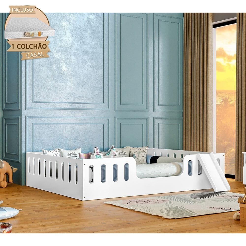 Cama Infantil Helo com Colchão D28 Casal Montessoriana Branca com Escorregador - Divaloto