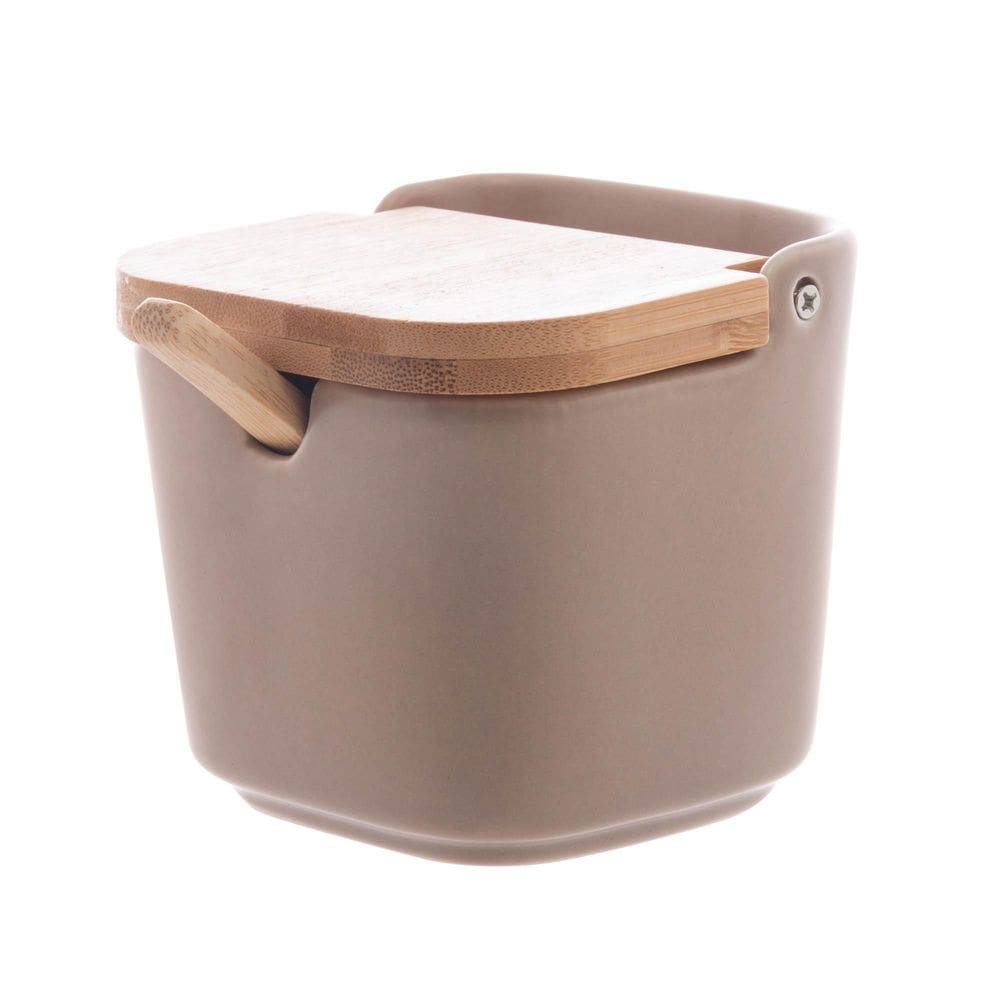 Saleiro Quadrado Cerâmica Tampa E Colher Bambu De Mesa 350G