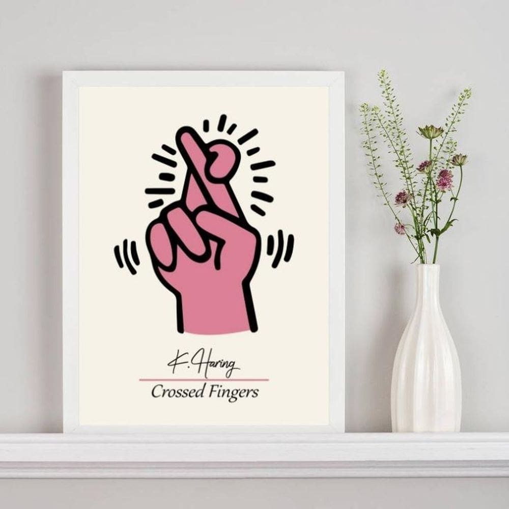Quadro Keith Haring Crossed Fingers - Rosa 33X24Cm - Vidro