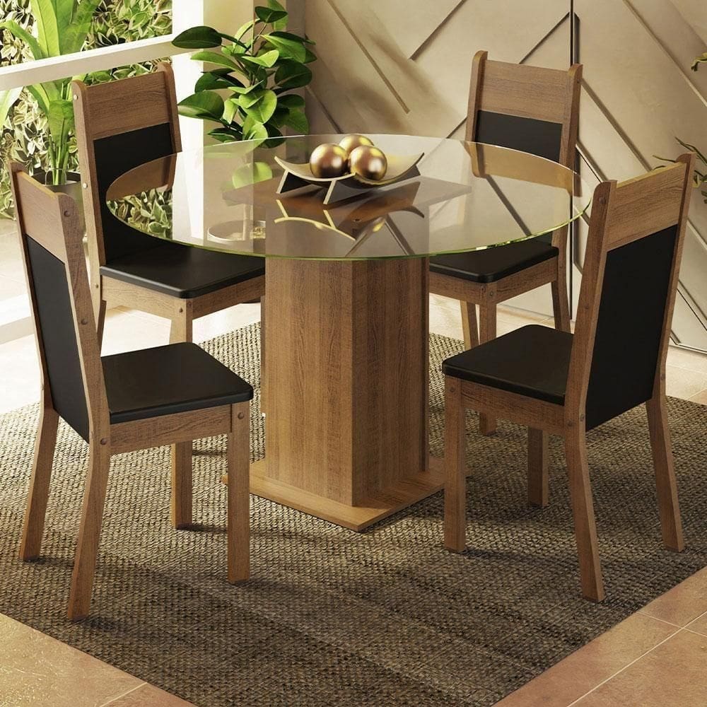 Conj. Mesa Tampo De Vidro 4 Cadeiras Rustic/Preto
