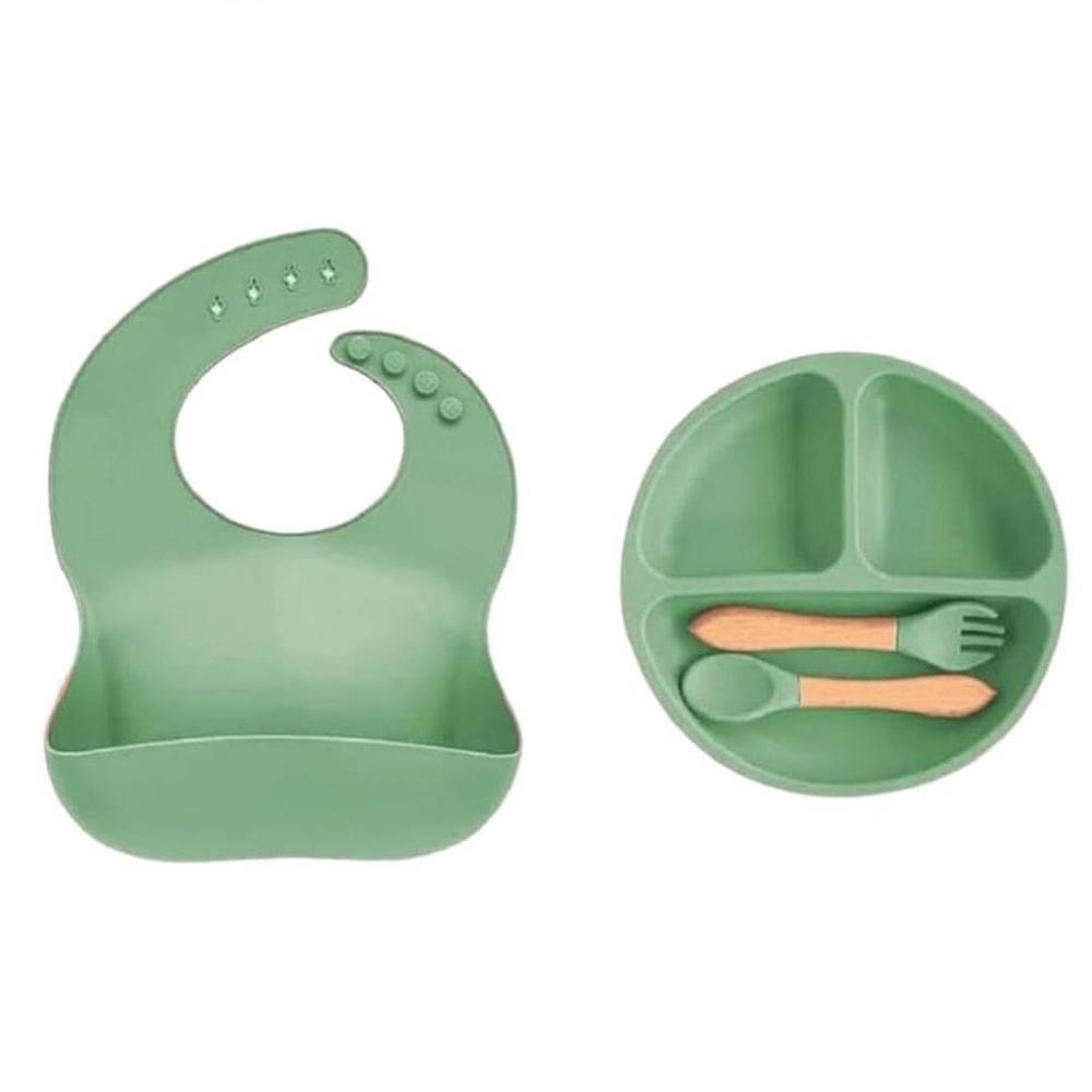 Kit Prato Ventosa Babador Colher E Garfo Infantil Silicone