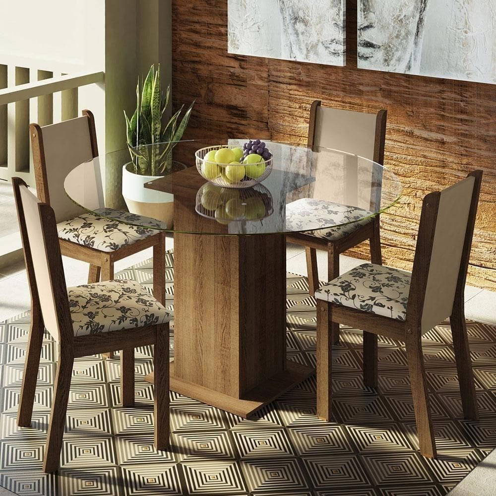 Conj. Jantar Mesa Tampo Vidro 4 Cadeiras Rustic/Crema