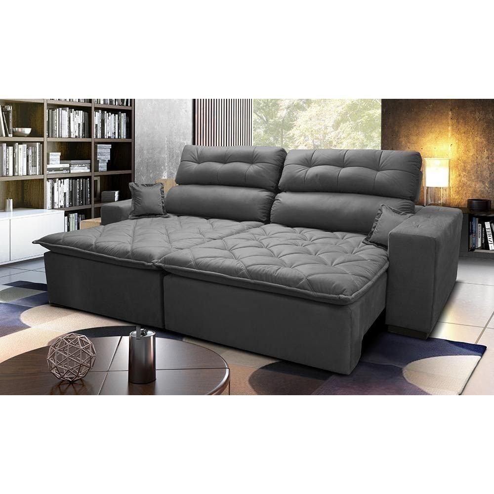 Sofá 2,32m Retrátil E Reclinável Com Molas Cama Inbox Confort Tecido Suede Velusoft Cinza