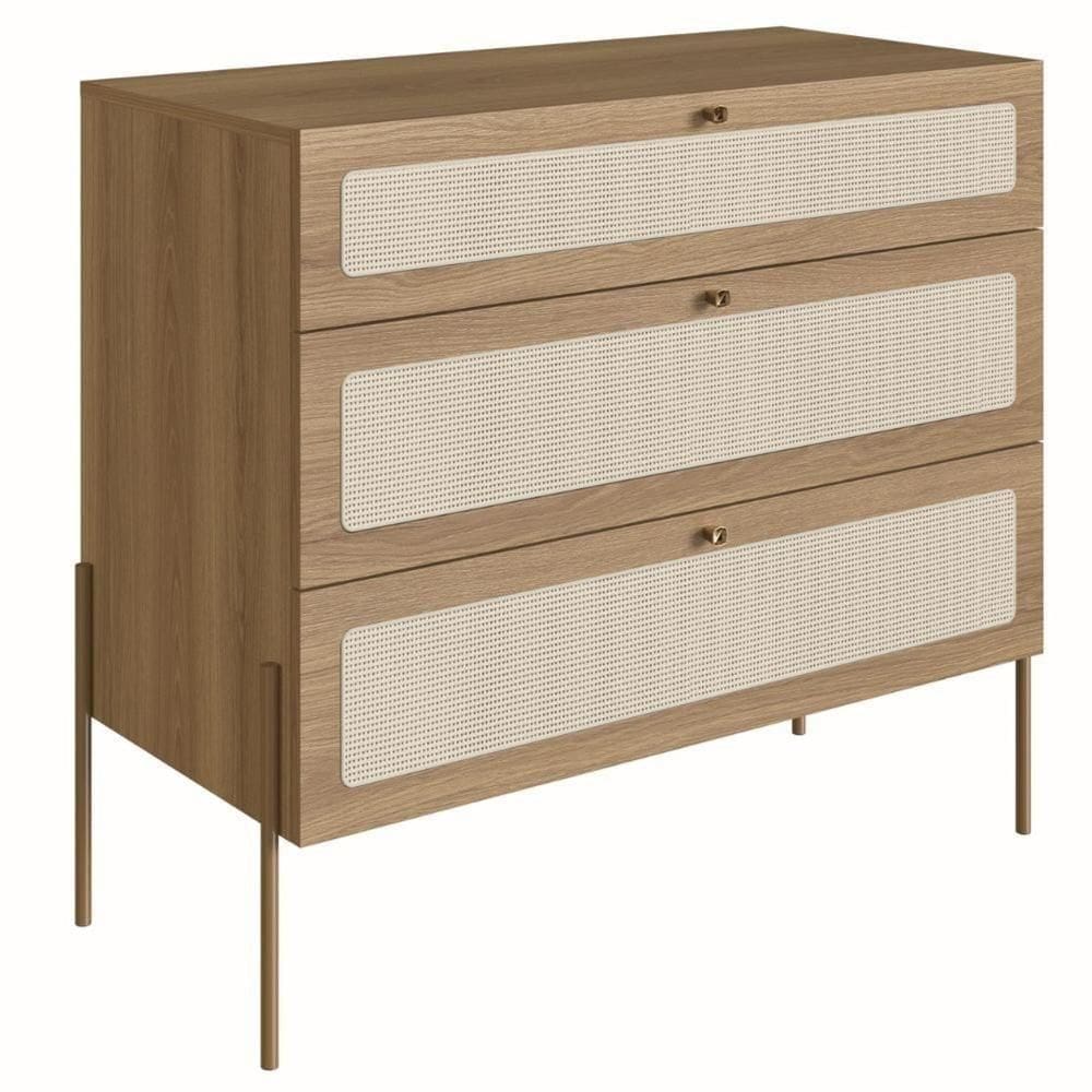 Cômoda Oslo Artesano 93 Cm (largura) Em Mdp Cor Mel Palha Natural Três Gavetas Base Metal