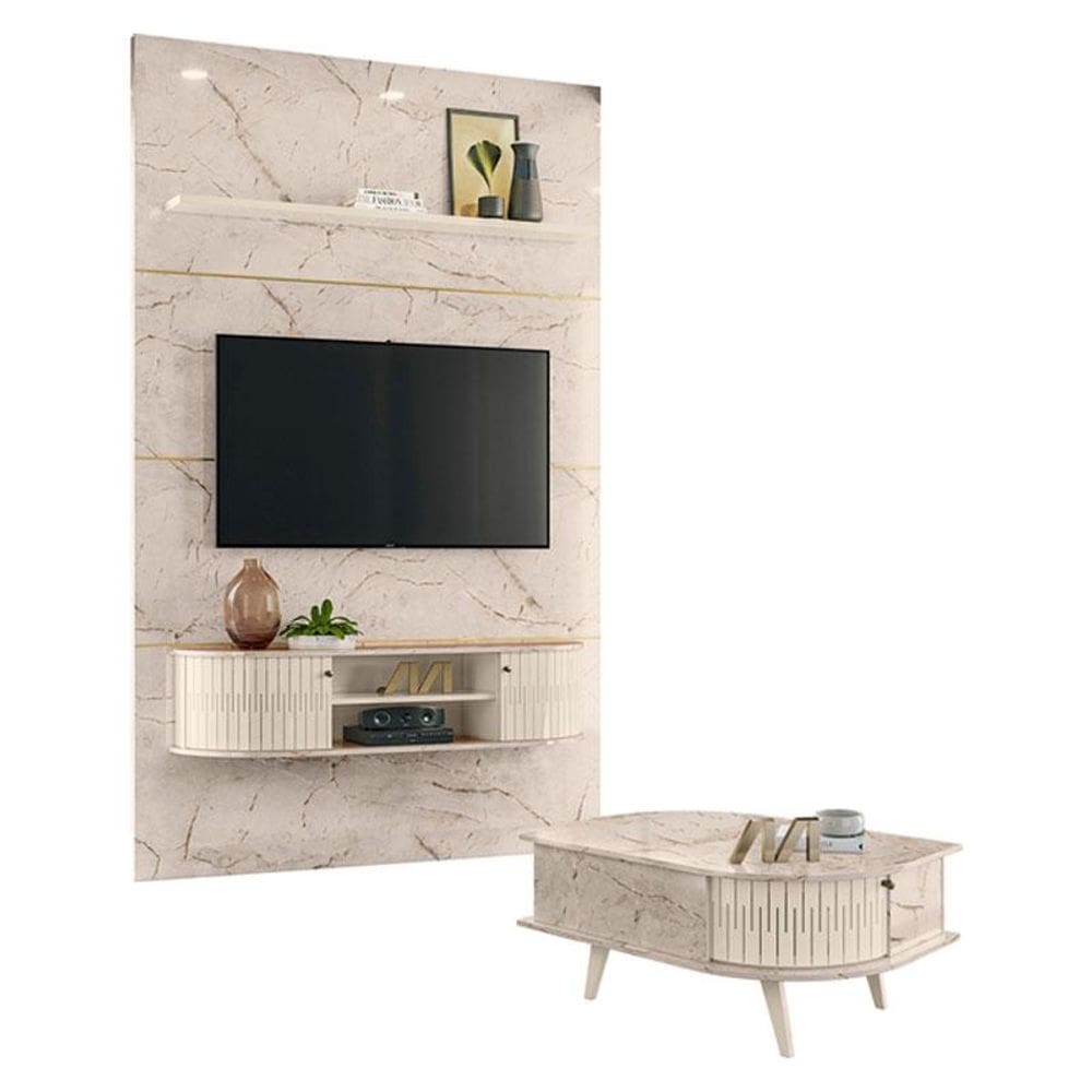 Estante Home Theater com Bancada Suspensa Monte Carlo com Mesa de Centro Indianápolis Calacata Off White - Madetec