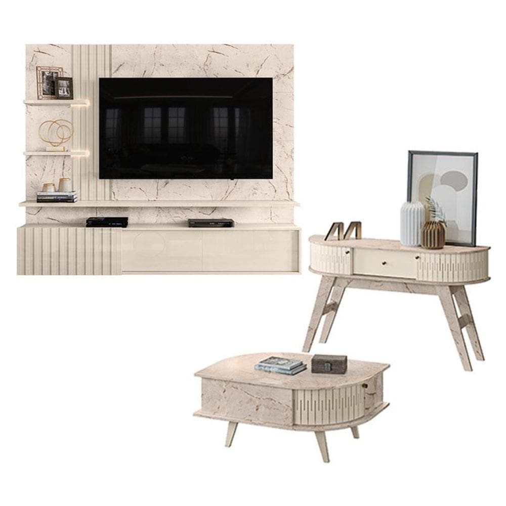 Estante Home Theater Suspenso Atena com Aparador Estoril e Mesa de Centro Indianápolis Calacata Off White - Madetec