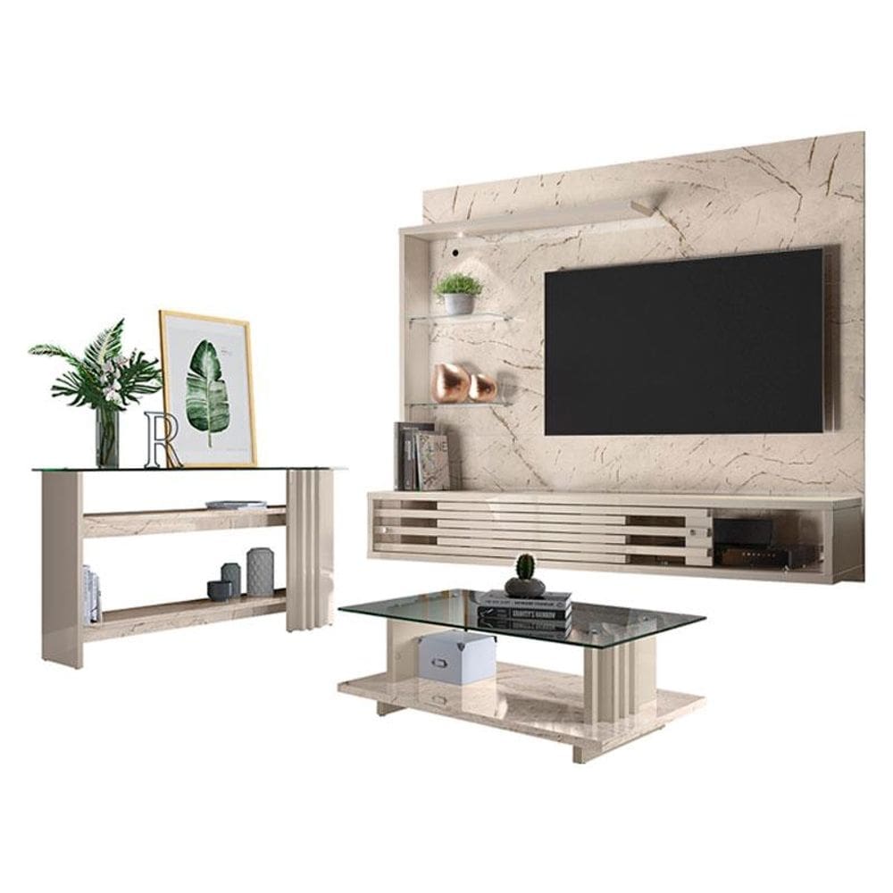 Estante Home Theater Suspenso com Aparador e Mesa de Centro Frizz Select Calacata Off White - Madetec